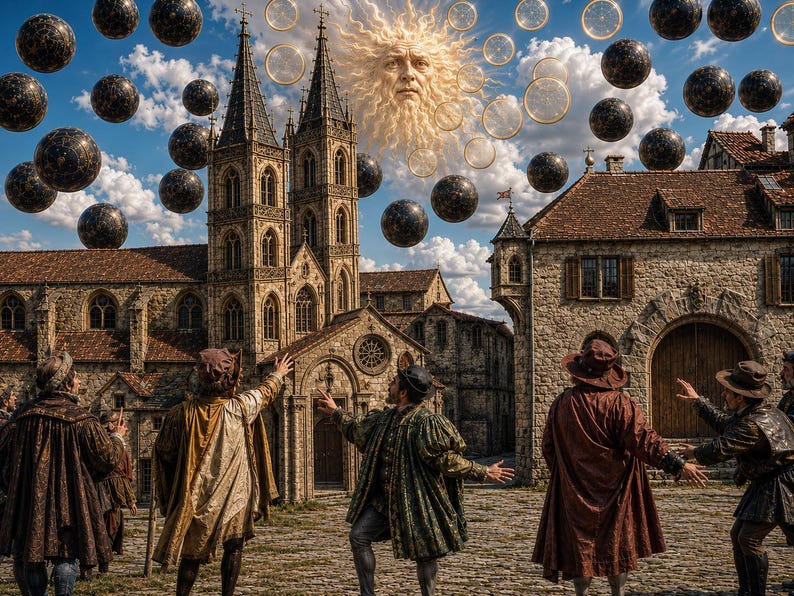 May include: A group of people in historical attire stand in a stone courtyard facing a cathedral. Above them, dark spheres and translucent rings float in the sky near a large, radiant sun with a human face, set against a bright blue sky.