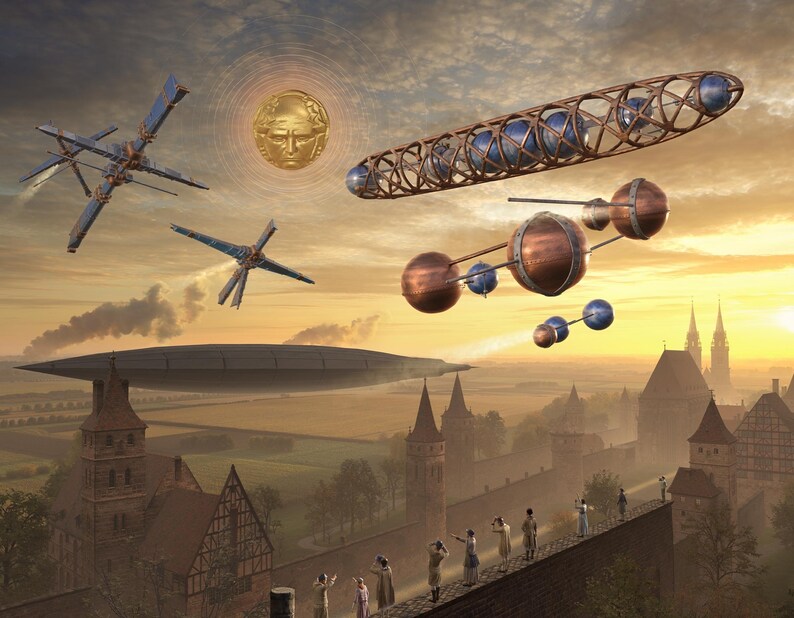 May include: A digital illustration depicting a medieval town with a stone wall and towers under a sunset sky. Above, various metallic spacecraft, including a long lattice-framed vessel with blue spheres and a golden sun-like disc, hover in the air.