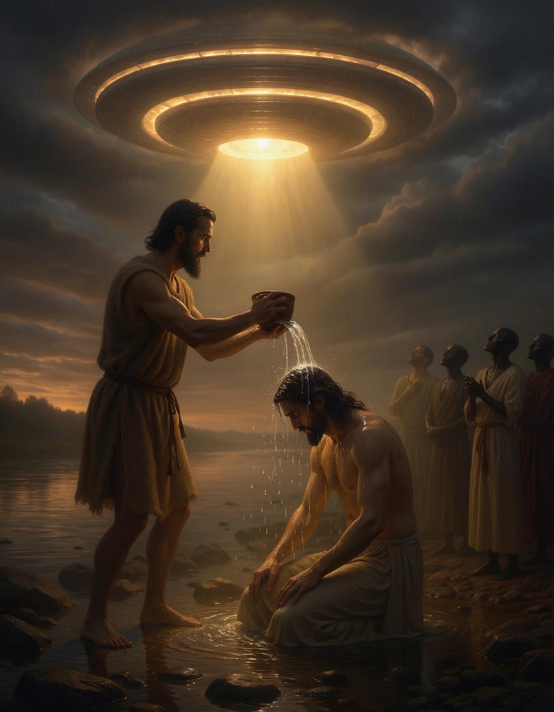 May include: A bearded figure in a tan tunic pours water from a bowl onto the head of a kneeling bearded figure in a river. Above them, a large metallic disc-shaped craft emits a bright golden light beam from its center into the cloudy sky.