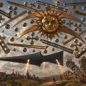 May include: A surreal scene featuring a large golden sun face with rays, surrounded by floating metallic spheres, crosses, and cylindrical tubes. Below, a dark, sharp, triangular craft emits light beams over a medieval town and landscape.