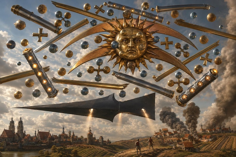 May include: A surreal scene featuring a large golden sun face with rays, surrounded by floating metallic spheres, crosses, and cylindrical tubes. Below, a dark, sharp, triangular craft emits light beams over a medieval town and landscape.