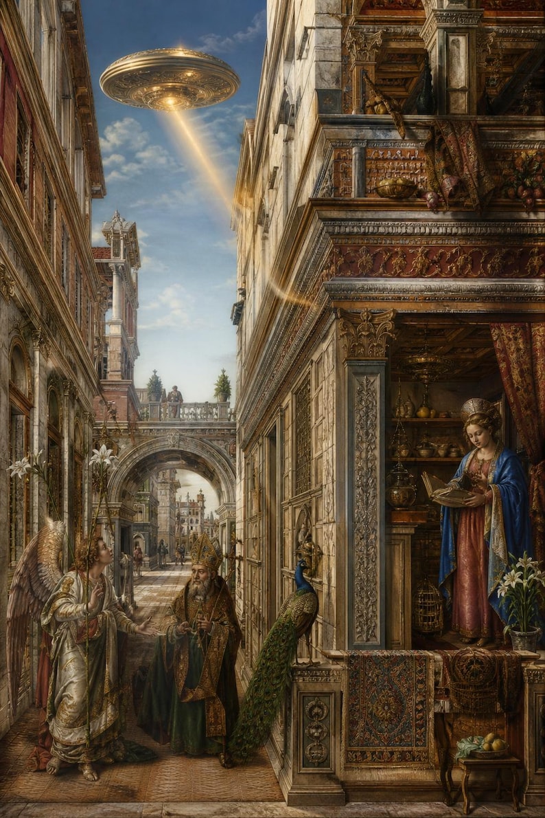May include: A surreal painting depicting a golden UFO hovering above a narrow street with classical architecture. An angel with large wings stands near a robed figure and a peacock, while a person reads a book inside a building alcove.
