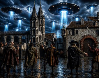 Early Modern UFO Fleet Digital Art Print, Historical Sci-Fi Wall Art