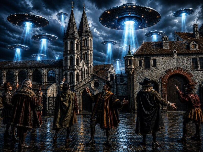 May include: A group of people in historical cloaks and tunics stand in a stone courtyard looking up at multiple metallic flying saucers hovering above a large stone cathedral and surrounding buildings, emitting bright blue beams of light.