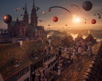 1566 Basel Celestial Orbs Art Print, Historical Sky Phenomenon UFO Wall Art, Digital Download