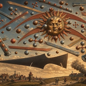 May include: A surreal illustration featuring a central golden sun face with rays, surrounded by floating metallic spheres, wooden rods, cross-shaped ornaments, and cylindrical tubes. A large black spearhead shape floats above a detailed town landscape.
