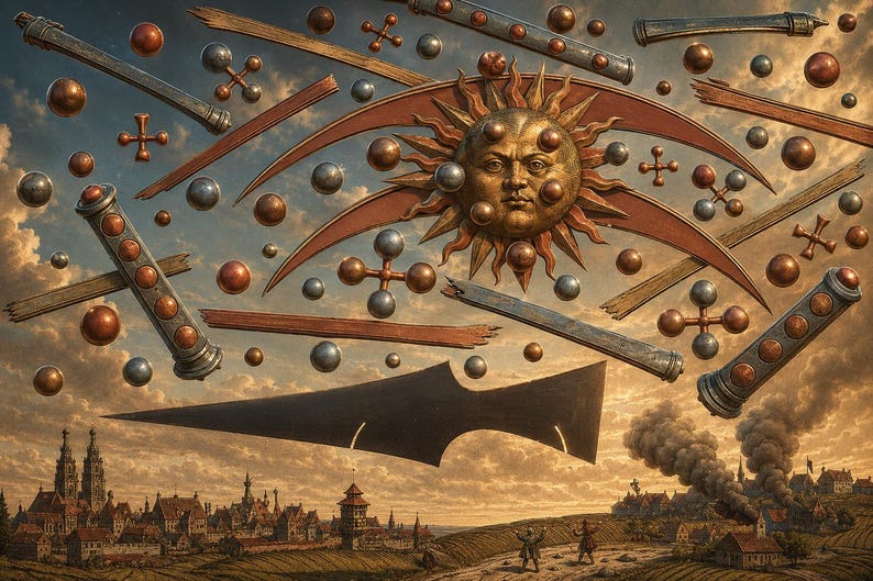 May include: A surreal illustration featuring a central golden sun face with rays, surrounded by floating metallic spheres, wooden rods, cross-shaped ornaments, and cylindrical tubes. A large black spearhead shape floats above a detailed town landscape.