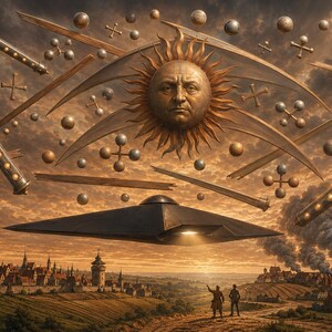 May include: A surreal digital illustration featuring a large, central sun with a human face, surrounded by floating metallic spheres, cross-shaped objects, and cylindrical structures above a dark, triangular spacecraft hovering over a medieval town.