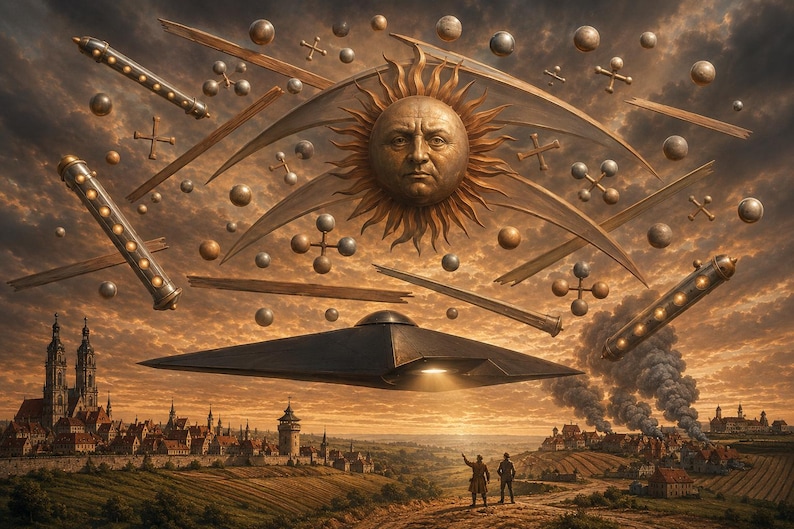 May include: A surreal digital illustration featuring a large, central sun with a human face, surrounded by floating metallic spheres, cross-shaped objects, and cylindrical structures above a dark, triangular spacecraft hovering over a medieval town.