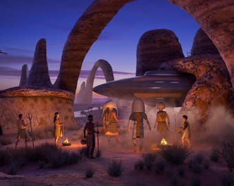 Ancient Desert Arrival Art Print, Speculative Alien Encounter Wall Art, Digital Download