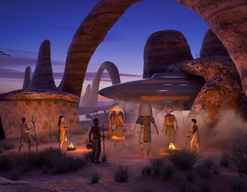 May include: A digital illustration depicting a group of figures in ancient attire standing near a metallic, disc-shaped spacecraft parked within a rocky landscape featuring large natural stone arches and cave paintings under a twilight sky.