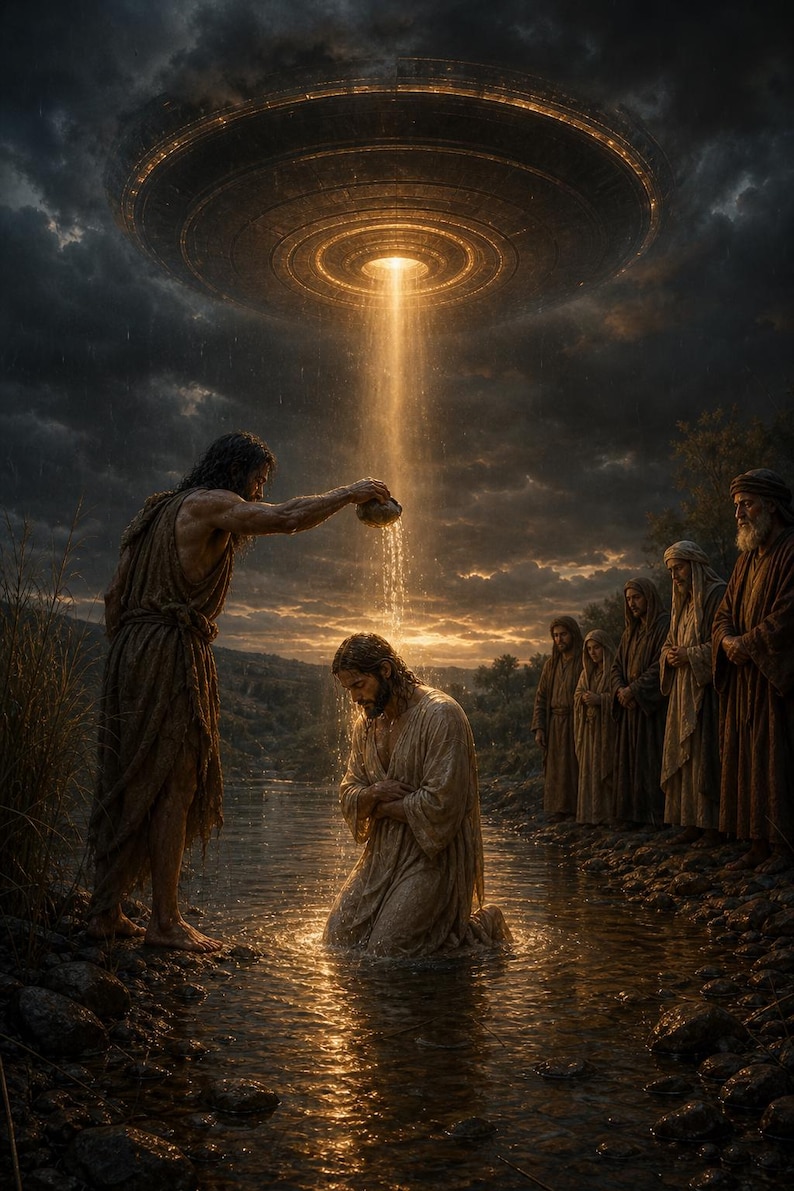 May include: A digital illustration depicting a figure pouring water from a bowl onto another figure kneeling in a river. Above them, a large, circular, metallic spacecraft emits a bright, golden beam of light downward into the water.