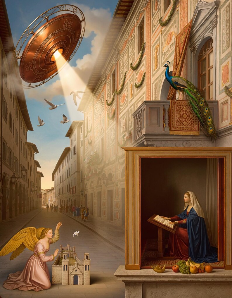 May include: A surreal scene featuring a copper-colored flying saucer emitting a light beam over a street, a peacock on a balcony, an angel with golden wings kneeling by a miniature stone building, and a person reading a book inside a framed alcove.