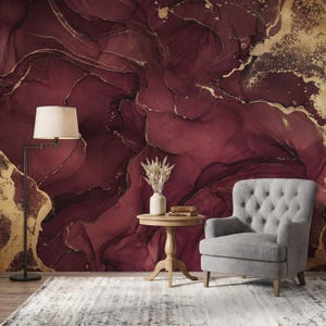 Burgundy Gold Abstract Wallpaper: Luxury Alcohol Ink Mural, Peel and Stick for Home Office, Large Custom Size Wall Art