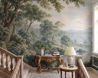 Landschapsbehang in saliegroen: Muurschildering met rivierdalmotief, zelfklevend voor de woonkamer, tijdelijke zelfklevende wandbekleding.