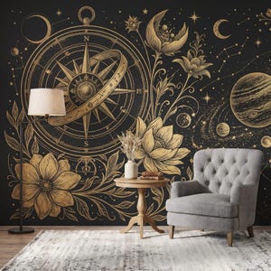 Gold Celestial Moon Wallpaper: Astrology Constellation Map, Removable Peel and Stick Study Decor