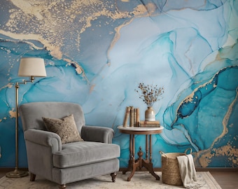 Abstract behang in turquoise en goud: metallic inkt gemarmerde vloeibare kunst, voor een nieuw huis, verwijderbare zelfklevende badkamerdecoratie.