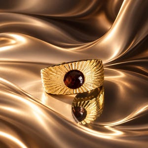 Verguld zegelring met zonnestraalmotief, amberkleurige glazen cabochon, verstelbare, robuuste ringband.