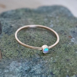 14K Gold and Natural White Opal Setting Handmade Ring - Small Stack Ring - Cute Simple Opalescent Minimalist Geometric Dainty Thin Gold Band