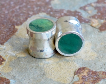 Silver and Solid Jade Plugs Gauges Stone - Size 6g to 3/4" - Natural Jade Sterling Ear Flare Dark Green Gauged - Gold Plating Optional