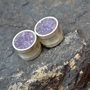Handmade Sterling Silver Crushed Amethyst Plugs: Stone Gauges (6g to 2&quot;)