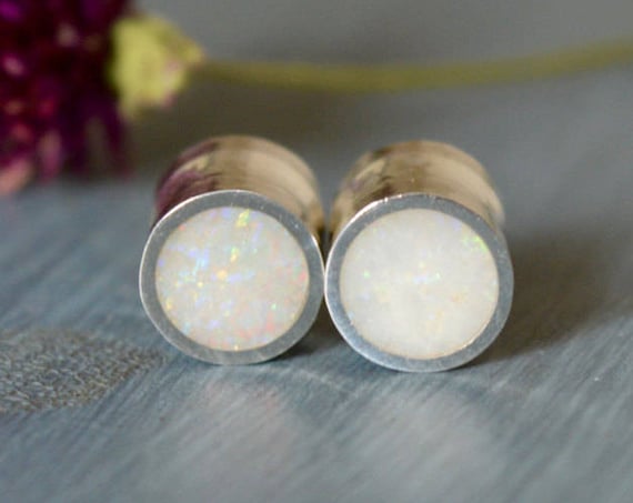 Silver and Synthetic Whole White Opal Large Handmade Plugs Gauges - Size 6g to 9/16" - Sterling Opalescent Inlay - Gold Plating Optional