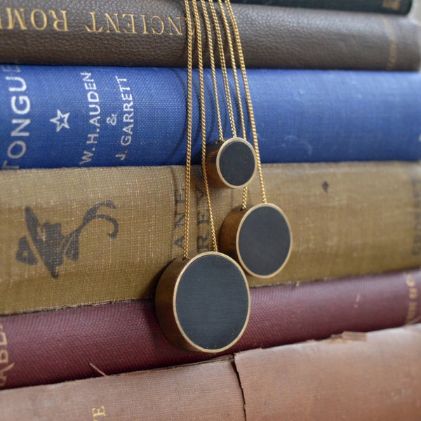 Brass and African Ebony Wood Handmade Circle Pendant Necklace - Minimalist Jewelry Geometric Yellow Cute Simple Beautiful Metalwork Black