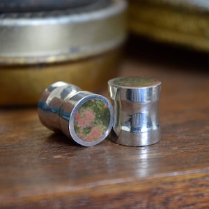 Silver and Solid Unakite Jasper Handmade Large Plugs Gauges - Size 6g to 1&quot; - Natural Unakite Sterling Green Stone - Gold Plating Available