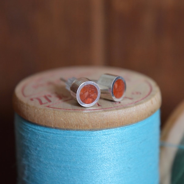 Silver and Crushed Red Coral Handmade Medium Stud Earrings - Real Natural Sterling Ear Cute Orange Pink Bright Piece Dainty Post Tiny Size