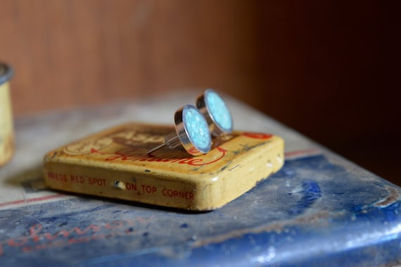 Silver and Crushed Turquoise Handmade Large Stud Earrings - Real Stone Sterling Ear Cute Blue Green Piece Dainty Silver Jewelry Southwest