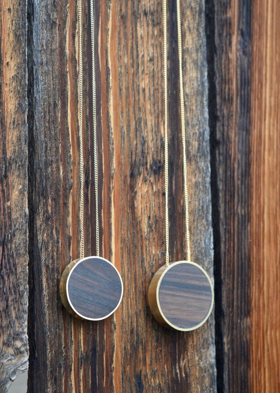 Brass and Philippine Ebony Wood Handmade Circle Pendant Necklace - Minimalist Jewelry Geometric Yellow Cute Simple Grain Brown Metal Hipster