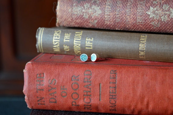 Silver and Crushed Turquoise Handmade Small and Medium Stud Earrings - Real Stone Sterling Ear Cute Blue Green Piece Dainty