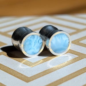 May include: A pair of silver-colored ear plugs with a light blue, marbled stone inlay. The plugs are cylindrical with a silver border around the stone. The background is a white and gold geometric pattern.