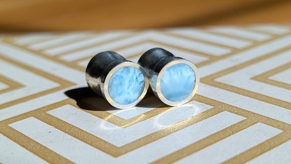 Sterling Silver Solid Larimar Gauges: Handmade Ear Plugs (6g to 1") Gold Plating
