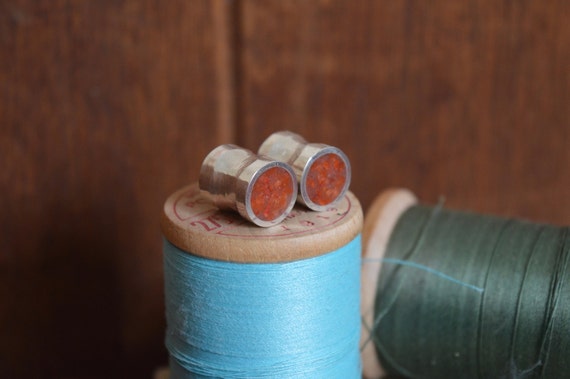 Silver and Crushed Red Coral Handmade Large Plugs Gauges - Size 6g to 2" - Sterling Orange Metal Stone Flush Natural - Gold Plating Optional