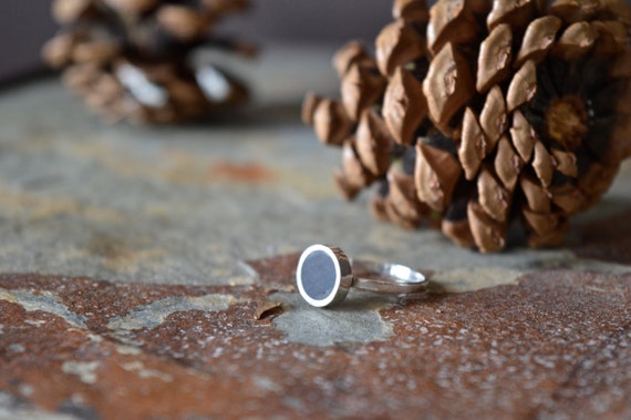 Silver and African Ebony Handmade Ring - Cute Simple Black Wood Minimalist Geometric Sterling Grain