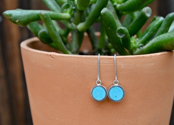 Silver and Solid Turquoise Handmade Dangle Earrings - Blue Green Sterling Ear Jewelry Pair Minimalist Geometric Simple Southwest Minimal