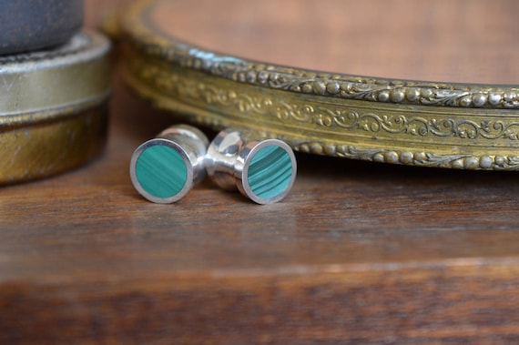 Silver and Solid Malachite Handmade Large Plugs Gauges - Size 6g to 1" - Natural Malachite Sterling Striped Green - Gold Plating Available