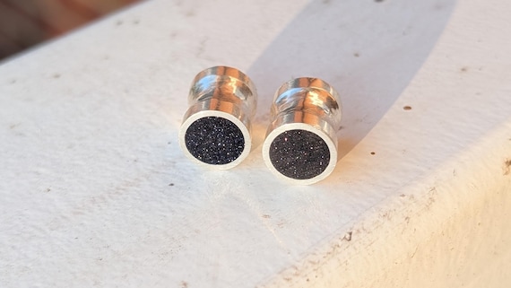 Handmade Sterling Silver Blue Goldstone Plugs: Flared Gauges (6g-1 1/2")