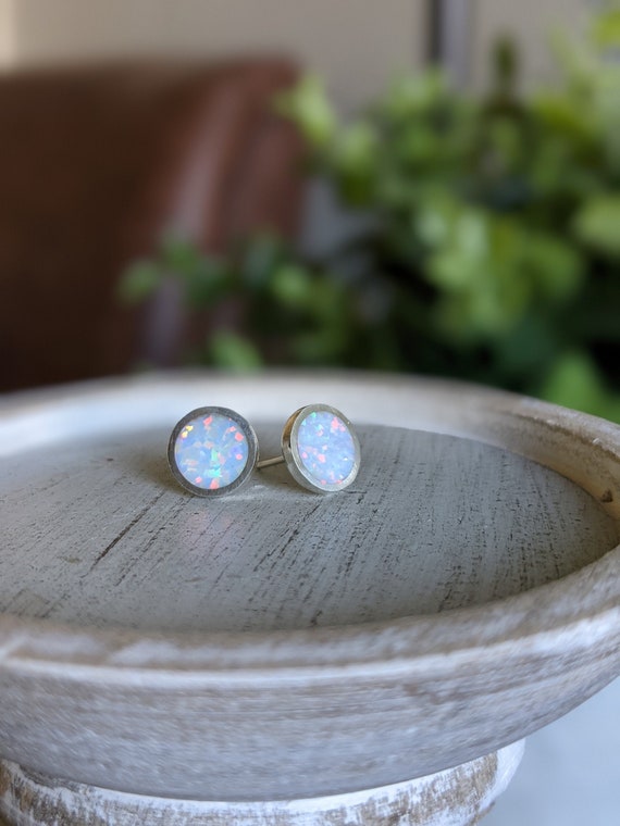 Silver and Solid Synthetic Opal Handmade Large Stud Earrings - 10mm Diameter - Lab Opal Sterling Ear Cute Rainbow Shimmer Shine Fake Plugs