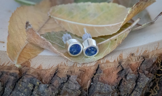 Silver and Crushed Lapis Lazuli Handmade Small Stud Earrings - Real Stone Sterling Ear Cute Blue Natural Piece Dainty Tiny Post Small