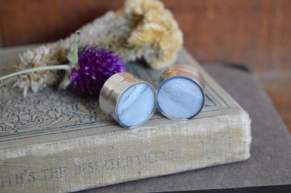 Silver and Solid Marble Handmade Large Plugs Gauges - Size 6g to 2" - Sterling White Flare Limestone Stone Marbled - Gold Plating Optional