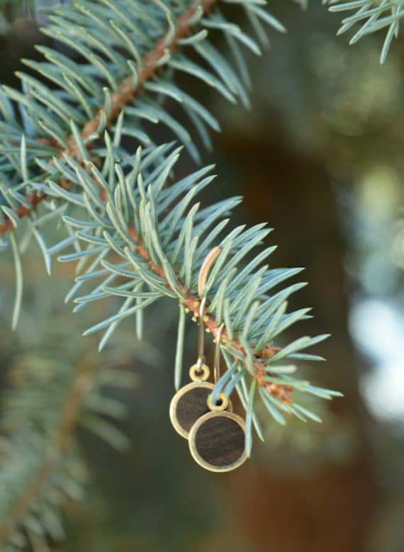 Brass and Philippine Ebony Handmade Dangle Earrings with Gold Filled Wire - Dark Brown Wood Gold Minimalist Geometric Simple Metal Minimal