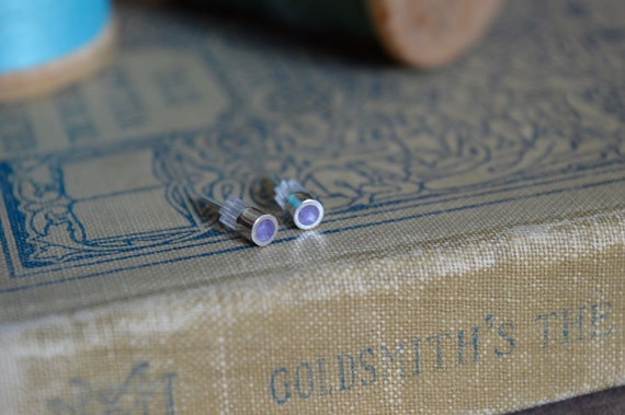 Silver and Crushed Amethyst Handmade Small Stud Earrings - Real Stone Sterling Ear Cute Purple Crystal Piece Dainty Tiny Post Natural Small