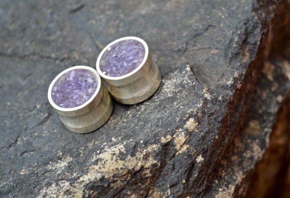 Silver and Crushed Amethyst Handmade Large Plugs Gauges - Size 6g to 2" - Natural Amethyst Sterling Ear Plug Purple Crystal Metal Stone Rock