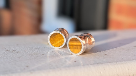 Handmade Sterling Silver Tigers Eye Gauges: Large Stone Plugs (6g-1 1/4") Gold Plating - Tigereye