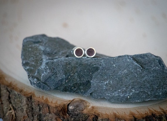 Silver and Crushed Garnet Handmade Small Stud Earrings - Real Stone Sterling Ear Cute Blood Red Natural Piece Dainty Tiny Post Small