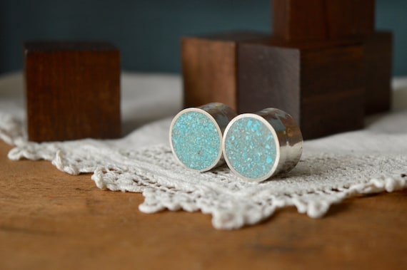 Silver and Crushed Turquoise Plugs Gauges - Large Plugs - Size 6g to 2" - Natural Sterling Blue Green Metal Stone - Gold Plating Available