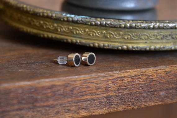 14K Gold and African Ebony Handmade Medium Size Stud Earrings - Wood Gold Ear Cute Black Piece Post Stud Dainty Circle Minimalist Hipster