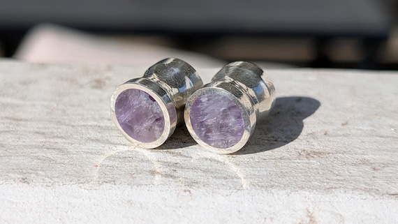 Handmade Sterling Silver Solid Amethyst Plugs: Natural Stone Gauges (6g to 1")